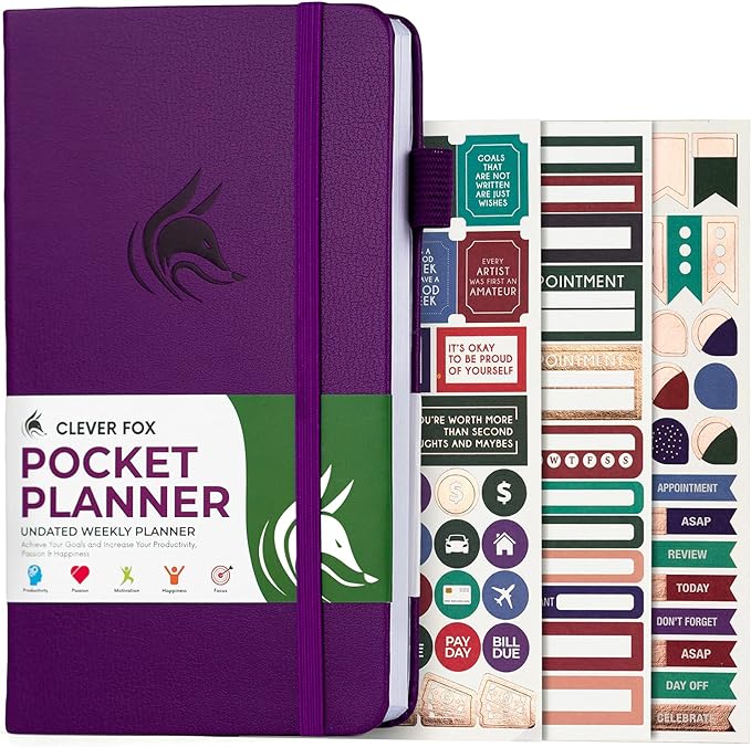 Clever Fox Pocket Planner Weekly – Undated Monthly Goal Planner and Calendar, Mini Planner Perfect for Purse, 3.7x6.7" (Purple)