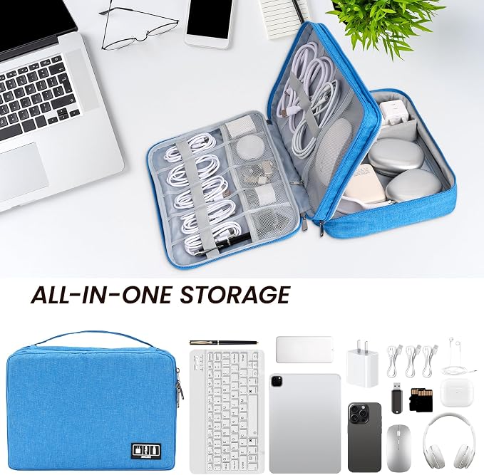 Large Electronic Organizer Travel Case, Double Layer Tech Accessories Bag with 3 DIY Adjustable Dividers, Waterproof Padded Cable Storage Pouch for Camera Gear, Power Bank, Hard Drive, Mouse
