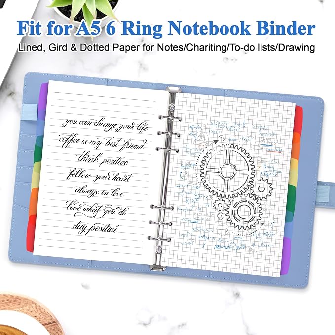 Antner A5 Refill Paper Planner Inserts for A5 6 Ring Binder, 135 Sheets 6-Hole Lined/Dotted/Grid Loose Leaf Filler Paper with Binder Dividers for Refillable Notebook, Journal, Planner, Sketchbook