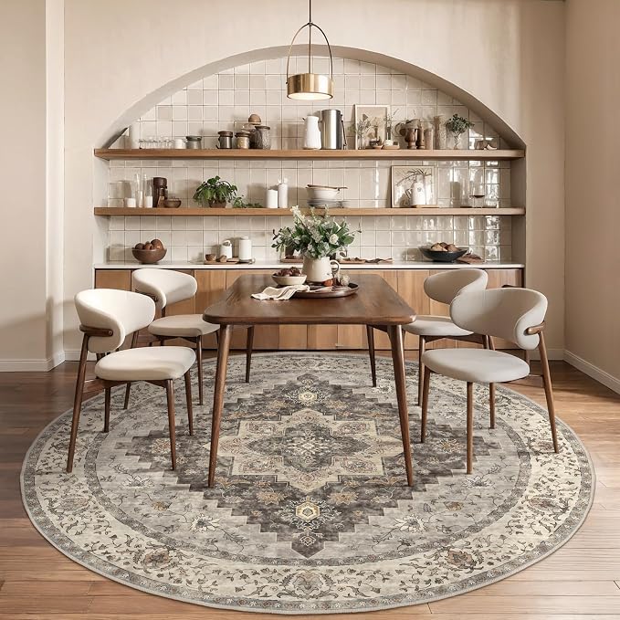 Tangsoo Vintage Round Rug 4ft Washable Circle Rug, Non Slip Small Farmhouse Round Rug, Boho Low Pile Circular Rugs, Round Carpet for Office Bedroom, Entryway, Nursery, Dorm, Kitchen, Grey/Multi