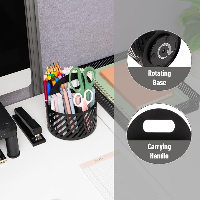 Mind Reader Round Metal Desktop Carousel Organizer with Handle, Four Compartments, Office Supplies and Accessories, Metal, Black