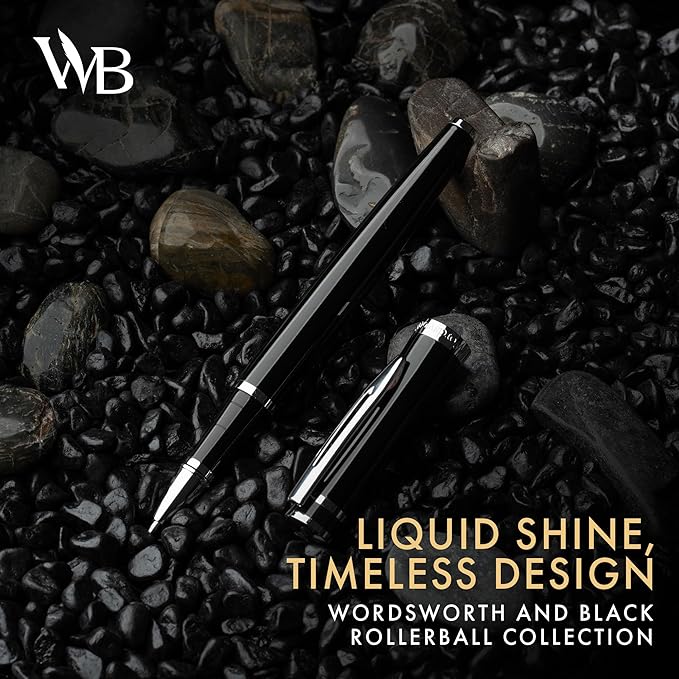Wordsworth and Black Rollerball Pen - Luxury Pen - Chrome Finish, Black Lacquer, Ink Refill, Refillable, Gift for Men & Women, Professional Writing, Nice and Fancy Pens and for Work