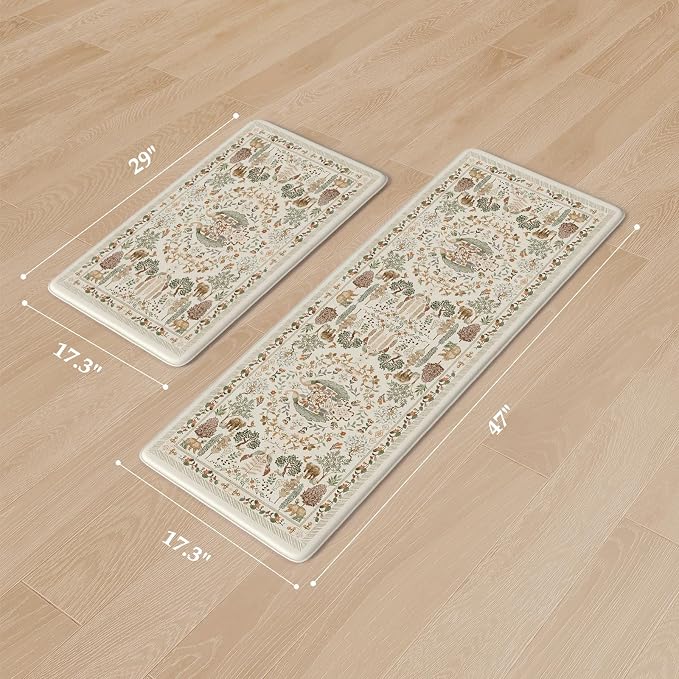 KIMODE Anti Fatigue Kitchen Mats 17"x47"+17"x29", Vibrant Floral Kitchen Rugs Sets of 2, Cushioned Non Skid Kitchen Mats for Floor, Comfort Kitchen Floor Mats for Sink Laundry Desk Beige