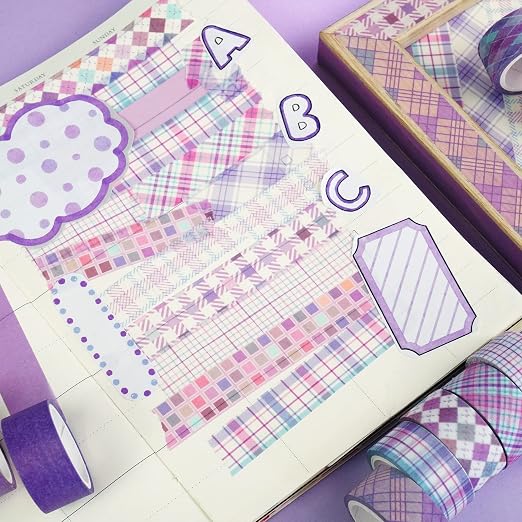 Basic Grid Washi Tape Set 12 Rolls Plaid Decorative Masking Tapes for Arts, DIY Crafts, Journals, Planners, Scrapbook, Wrapping (Purple)