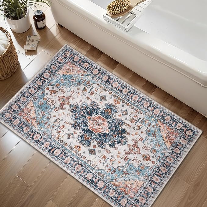 Tangsoo 2x4 Washable Rug for Entryway, Non Slip Small Area Rug, Indoor Front Door Rug, Print Blue/Beige Door Mat Carpet, Soft Low Pile Rugs for Entrance Kitchen Bedroom Bathroom