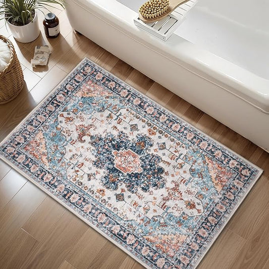 Tangsoo 2x4 Washable Rug for Entryway, Non Slip Small Area Rug, Indoor Front Door Rug, Print Blue/Beige Door Mat Carpet, Soft Low Pile Rugs for Entrance Kitchen Bedroom Bathroom