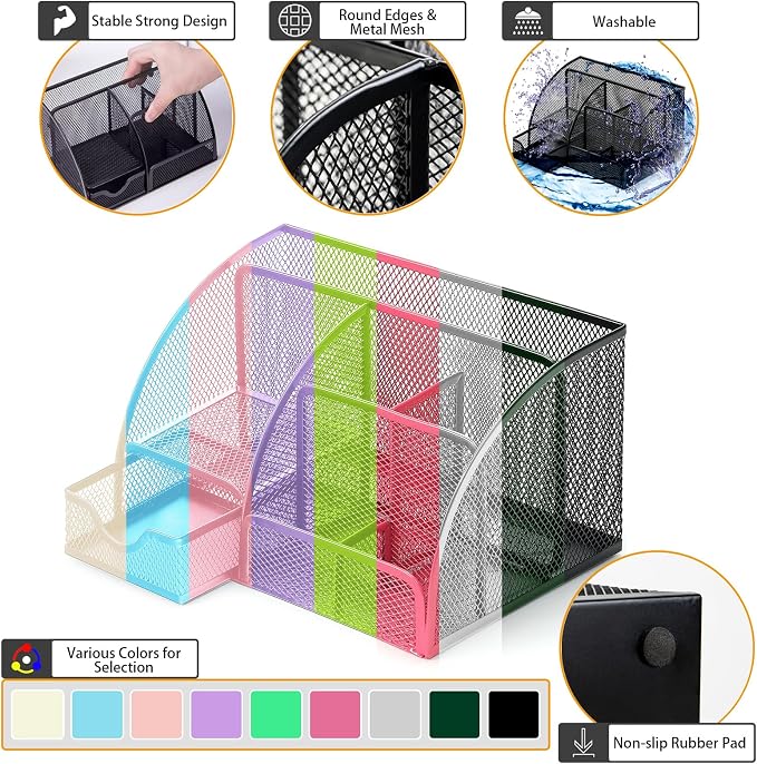 Boutilon Mesh Desk Organizer Desktop Office Supplies Stationary Organizer with 6 Compartments and 1 Drawer Multi-Functional Caddy Pen Holder for Home Office School Desk Decor(Silver)