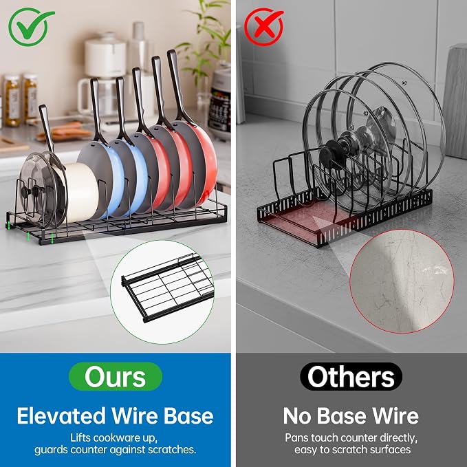 Expandable Food Container Lid Organizer with 9 Adjustable Dividers | Sturdy Metal Pots and Pans Organizer Rack for Home Kitchen Cabinets, Drawers, Pantry Shelves, Countertops, 8.15" Wide, Black