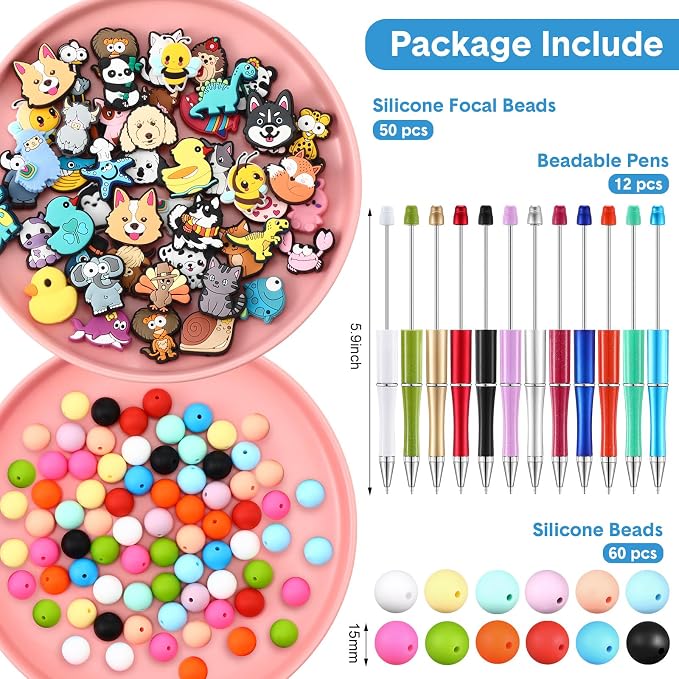 Humyoun 122 Pcs Beadable Pen Kit for DIY Pens Making Back to School Supplies with 12 Beaded Pens 110 Silicone Focal Beads, Black Ink Pen Gift for School Office Students Classroom(Stylish Style)