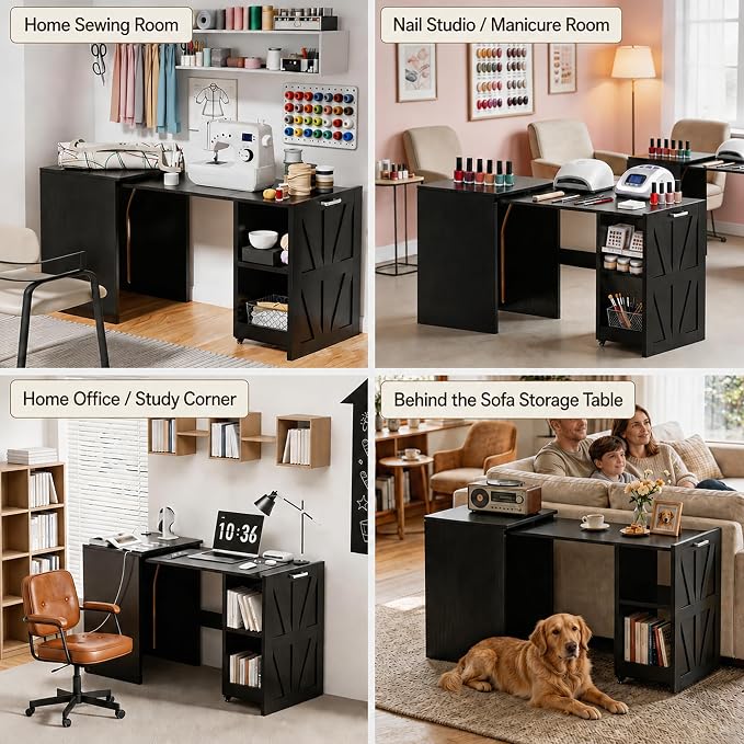 Foldable Desk with Charging Station, Rolling Computer Desk with Storage Shelf for Small Spaces, Pull-Out Home Office Table for Bedroom, Apartment, Dorm, Black