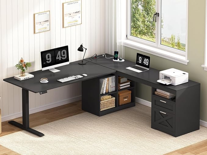 66 inch Farmhouse L Shaped Standing Desk with Storage for Home Office | Corner Electric Standing Desk with Drawers ＆ Storage Shelves, Height Adjustable Computer Desk with Power Outlets, Black
