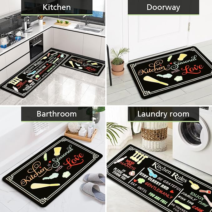 Voanos Black Kitchen Rugs,Non Skid Washable Microfiber Kitchen mats for Floor,Kitchen Rules Theme Kitchen Cushioned Runner Rug Decor Sets of 2,Size 17"x 47"+17"x 30"