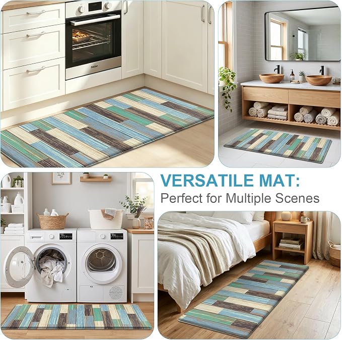 LOKHOM Anti Fatigue Kitchen Mats for Floor, 24x59 Non Slip Modern Cushioned Standing Comfort Kitchen Runner Rug, Waterproof Geometric Patchwork Memory Foam Padded for Sink Laundry Office, Teal