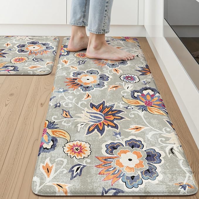 LEEVAN Anti Fatigue Kitchen Mats for Floor, Cushioned Kitchen Mat Set 2PCS | 20"x31"+20"x47", Boho Floral Blue Gray Kitchen Rugs Non-Slip, Waterproof Ergonomic Standing Mats for Laundry, Office, Sink