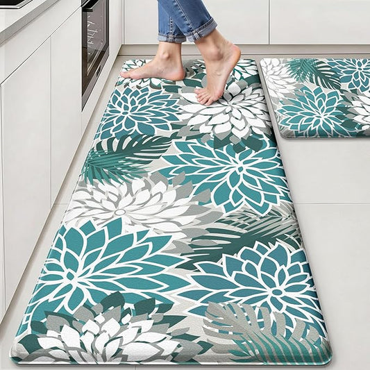 Arenarug Kitchen Mats for Floor 2PCS Cushioned Anti Fatigue Kitchen Mats Waterproof Non Slip Kitchen Mat Rug Set Comfort Foam Standing Mat for Sink, Laundry, Office, 24"x39"+24"x59", Teal