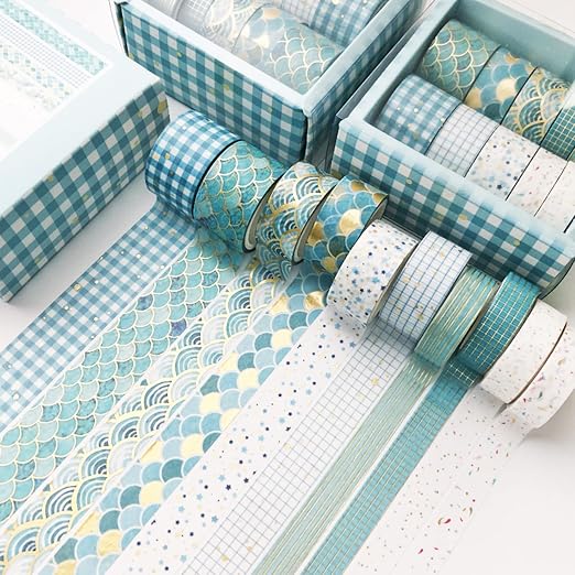 Creative Washi Tape Set 10 Rolls Gold Foil Print Decorative Masking Tapes for Arts, DIY Crafts, Journals, Planners, Scrapbook, Wrapping (Blue Melody)