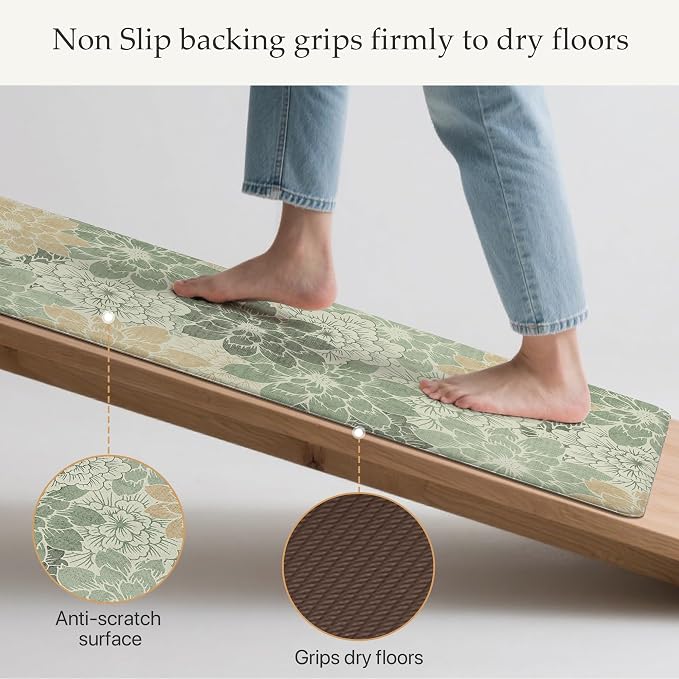 GENIMO Anti Fatigue Kitchen Mats for Floor 2PCS, Cushioned Standing Mats | 17.3"x47"&17.3"x30", Green vintage floral rug set, waterproof, non slip, easy-clean for farmhouse