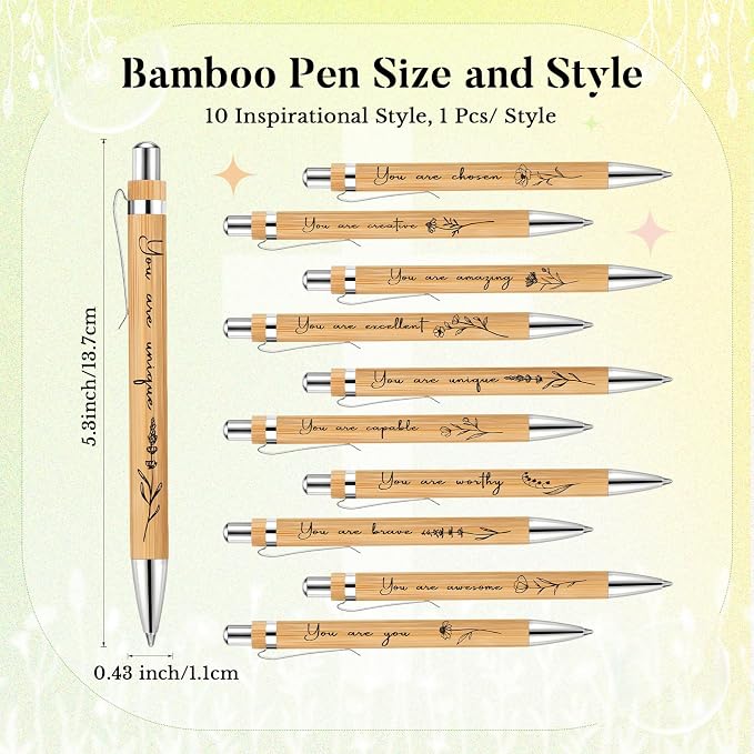 Watersay 10 Pcs Inspirational Bamboo Pens Bulk Flower Ballpoint Pens with Black Ink Employee Appreciation Thank You Gift for Women Men Easter Coworker Staff Social Worker Volunteer Teacher Nurse