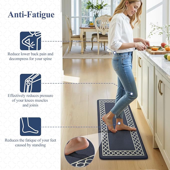 LEEVAN Anti Fatigue Kitchen Mats for Floor, Cushioned Kitchen Mat Set 2PCS | 20"x31"+20"x47", Boho Navy Blue Kitchen Rugs Non-Slip Comfort, Waterproof Ergonomic Standing Mats for Laundry, Office & Sink