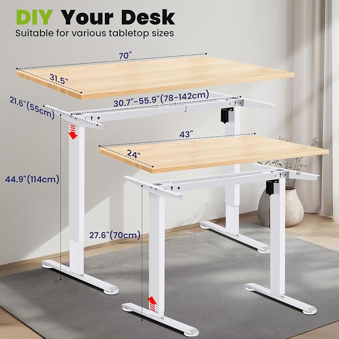 farexon Electric Stand Up Desk Frame Workstation, Dual-Beam Standing Desk Legs with Wheels&Hooks,200 lbs Capacity up to 71" x 31.5" Desktops, Ergonomic Table Base Workstation, White Frame Only