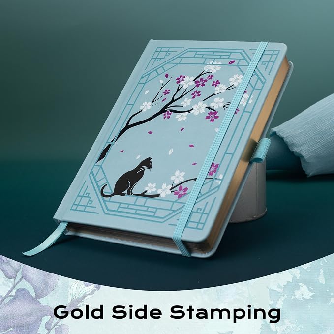 TIEFOSSI A5 Lined Journal, Cute Cat Journal for Women Girls, College Ruled Notebook with Pretty Sakura Pattern, Aesthetic Diary for Writing Journaling Drawing, Golden Edges