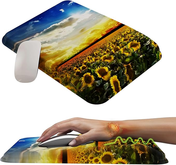 MEKASS Mouse Pad with Wrist Rest, Ergonomic Slope Mousepad for Carpal Tunnel Pain Relief, Memory Foam Desk Computer Wrist Support Mouse Pad with for Office Home (Sunflower)