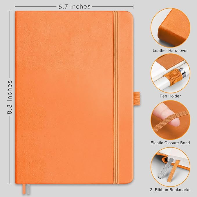 AHGXG Lined Journal Notebook, 160 Numbered Pages, A5 Medium Size (5.7'' x 8.3''), 120 GSM Thick Paper, for Men & Women, Journaling, Writing, Work & Office, Leather Hardcove (Orange)