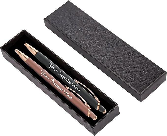 Custom Pens Gift Set - 2 Pack of Majestic Rose Gold Pens - Soft Touch Metal w/gift box - Luxury Ballpoint Pen Personalized Engraved with Name | Perfect for Him or Her (Rose - Black)