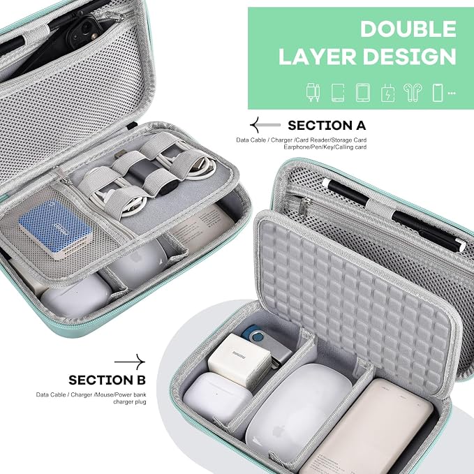 Hard Travel Electronic Organizer Case for MacBook Power Adapter Chargers Cables Power Bank Apple Magic Mouse Apple Pencil USB Flash Disk SD Card Hard Drive Shockproof Accessories Carrying Bag, Green