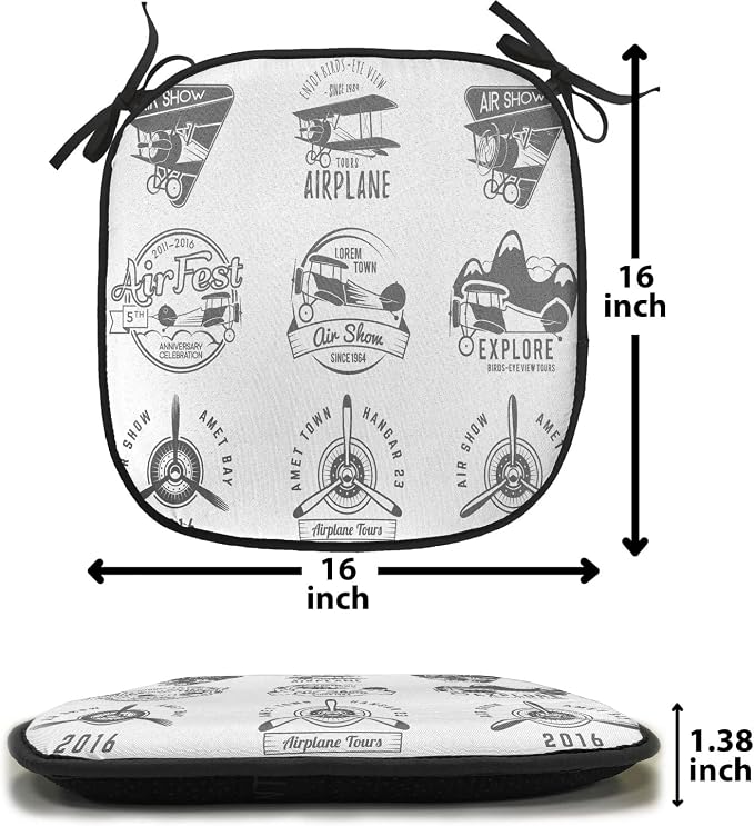 Lunarable Airplane Chair Cushion Pad, Airplane Emblems Biplane Aviation Stamps in Greyscale Tones, Seat Padding for Kitchen & Patio with Anti-Slip Backing, 16"x16", Charcoal Grey White