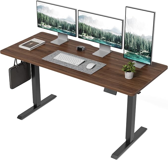 DESINO Standing Desk, 63 × 28 Inches Electric Height Adjustable, Sit and Stand Up, Computer Office Desk with Splice Board, Black Frame/Black Walnut TOP