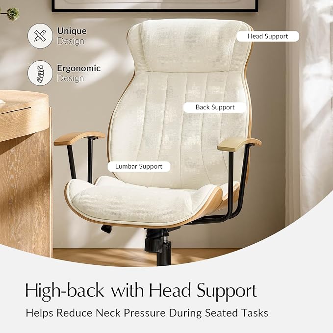 HULALA HOME Solid Wood Office Chair with High Backrest, Ivory | Mid Century Modern Bentwood Desk Chair with Tilt Function, Swivel Fabric Computer Task Chair, Height Adjustable, Metal Base