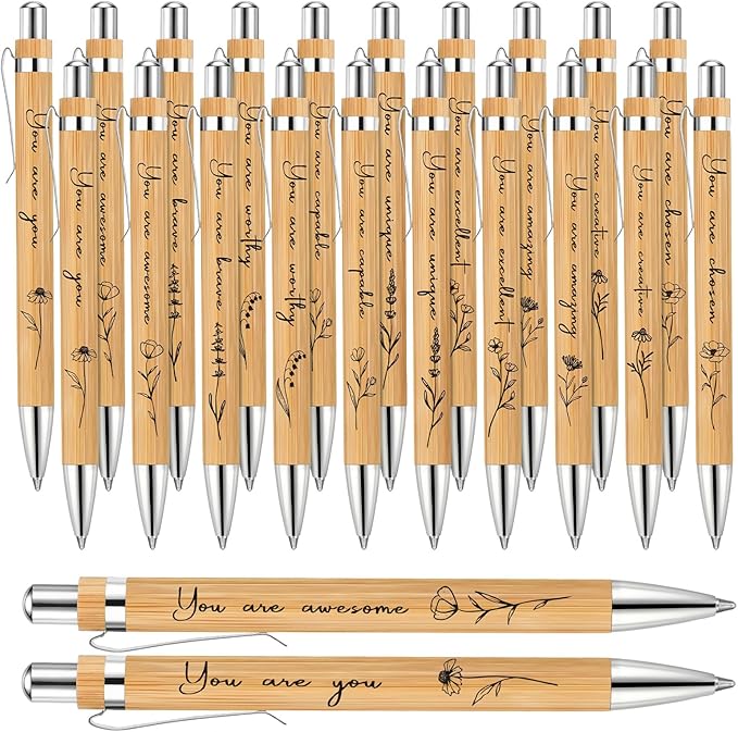 Watersay 20 Pcs Inspirational Bamboo Pens Bulk Flower Ballpoint Pens with Black Ink Employee Appreciation Thank You Gift for Women Men Easter Coworker Staff Social Worker Volunteer Teacher Nurse