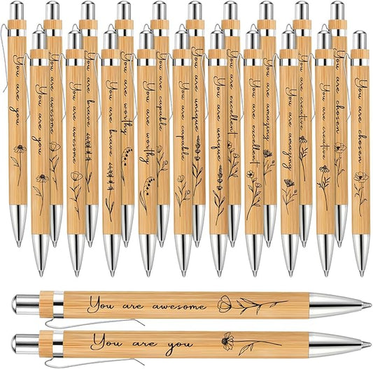 Watersay 20 Pcs Inspirational Bamboo Pens Bulk Flower Ballpoint Pens with Black Ink Employee Appreciation Thank You Gift for Women Men Easter Coworker Staff Social Worker Volunteer Teacher Nurse