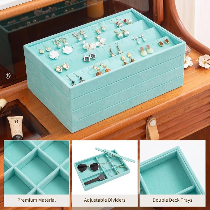 Jewelry Trays for Drawer,Set of 4 Jewelry Organizer and Storage | Velvet Material,Stackable,Adjustable Dividers,Drawer Inserts for Rings Studs Bracelet,Earring Organizer for Women Girls