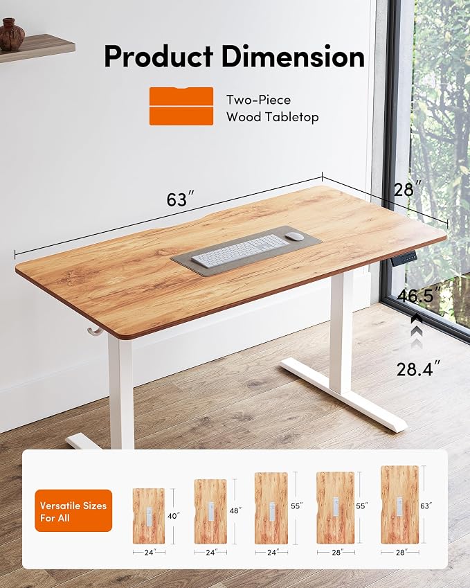 FEZIBO Standing Desk, 63×28 Inches Electric Height Adjustable, Sit Stand Up, Computer Office Desk with Splice Board, White Frame/Light Rustic TOP