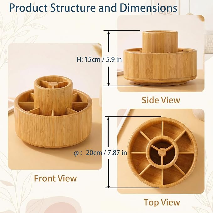 360° Rotating Pen Holder for Desk Organizer, Bamboo Lazy Susan Marker Storage, Wooden Spinning Caddy for Colored Pencil, Art Paint Brush, Makeup Brushes, Office & Craft Supply