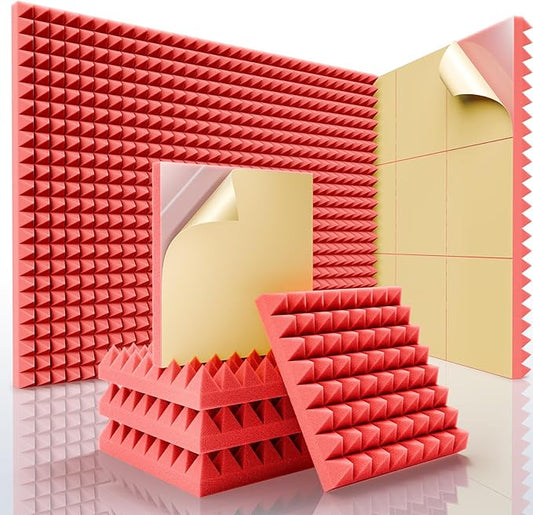 Sonicism Sound Proof Foam Panels for Walls Self-Adhesive 12 Pack Pyramid 12" X 12" X 2" Acoustic Panels,35kg/m³High Density Soundproof Wall Panels Fast Expand,Sound Absorption & Decoration(Red)