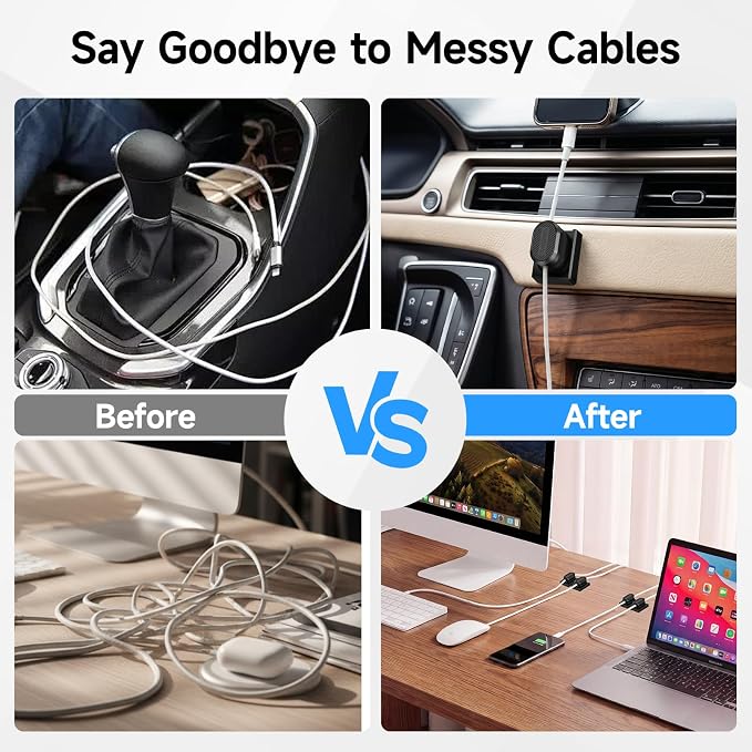 6-Pack Magnetic Cable Clips with Detachable Magnetic Base, Auto Dock Cable Organizer, Self-Adhesive Cord Holder for Round & Flat Cables, One-Hand Cable Management for Desk, Car, Office