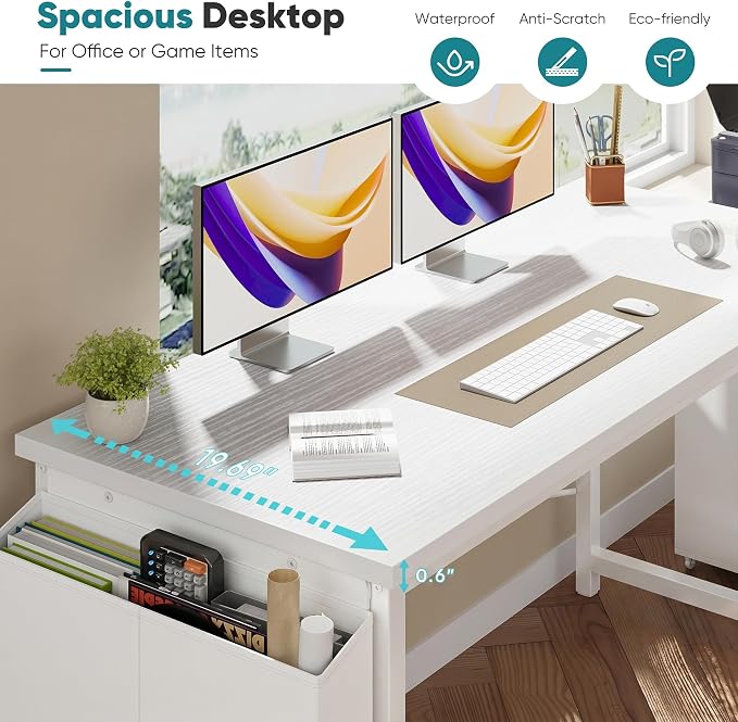 OLIXIS 55 Inch Computer Desk for Home Office, Writing Study Craft Gaming Table, Modern Computer Workstation with Storage Bag and Headphone Hook for Bedroom Small Spaces, White
