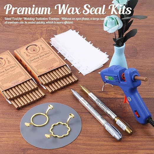 Wax Seal Kit, WASOHLING 40Pcs Bronze Sealing Wax Sticks with Glue Gun, Wax Seal Molds, Silicone Mat, Marker Pens, Premium Kit for Wedding Invitations Envelopes Cards (Bronze)