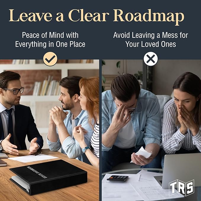 TRS Estate Planning Binder Kit – Pre-Labeled Tabs, Sheet Protectors | 1.5" D-Ring Faux Leather Organizer for Wills, Trusts, Power of Attorney & End-of-Life Planning | Black with Silver