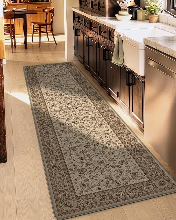 DEXI Kitchen Mats for Floor Cushioned Anti Fatigue, 23x86 Extra Large Wide Runner Rug Non Slip, Waterproof Soft Comfort Standing Rubber Padded, Brown Floral