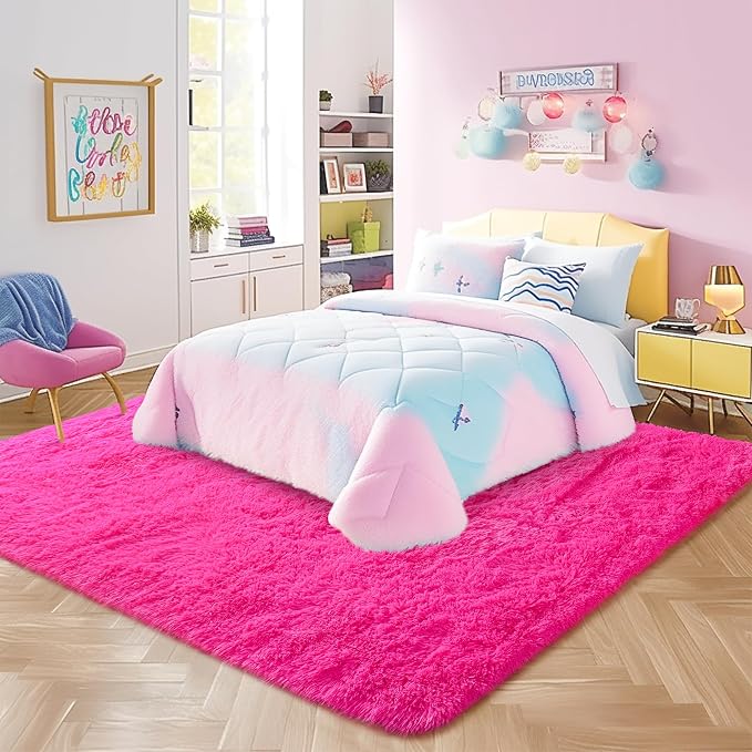 Awaytail Fluffy Rug Stain Resistant 3x5 Feet, Hot Pink Cute Rugs for Bedroom Aesthetic, Modern Plush Area Rugs for Bedroom