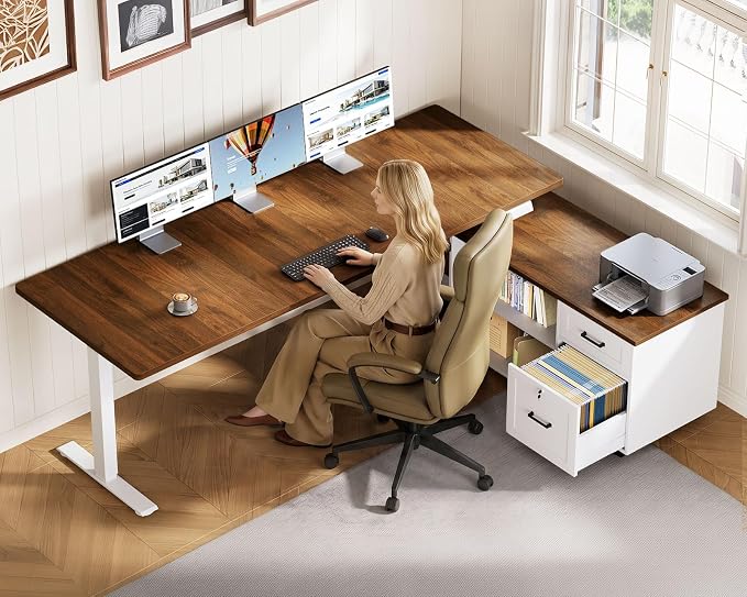 OffiGo 63" L Shaped Electric Standing Desk with File Cabinet, Walnut/White | Mobile Drawers & File Cabinet for Flexible Layout, Height Adjustable Executive Stand Up Desk for Home Office Workstation
