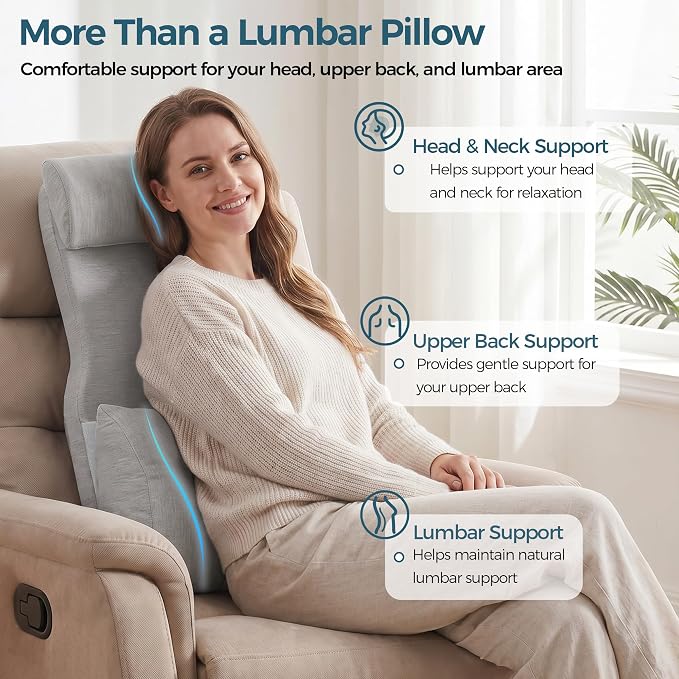 Shinnwa Adjustable Lumbar Support Pillow for Recliner with Headrest | Self-gripping fabric,Shredde memory foam Back Support Pillow with Headrest, Lower Back Pillow for Chair and Couch
