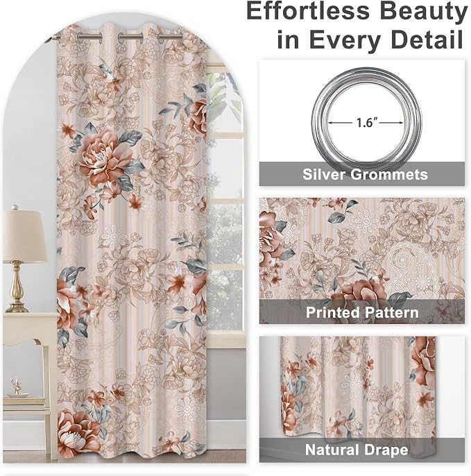 Blackout Curtains for Bedroom 84 Inch Length 2 Panel Sets, Beige Pink Vintage Floral Black Out Curtains for Living Room Darkening, Spring Summer Light Filtering Soundproof Thermal Bedroom Curtains