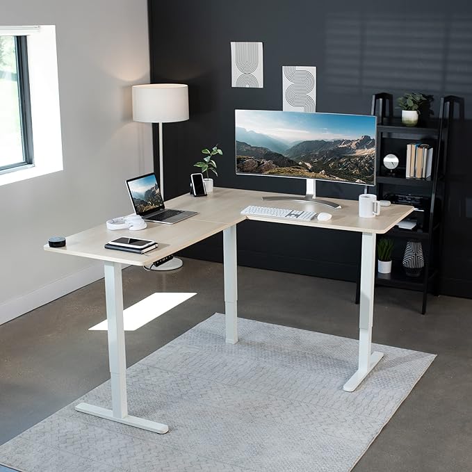 VIVO Corner Standing Desk, 63 x 55 inch Reversible L-Shaped Workstation, Electric Height Adjustment, Home, Office, and Reception Rooms, Light Wood Table Top White Frame, DESK-E3CTC