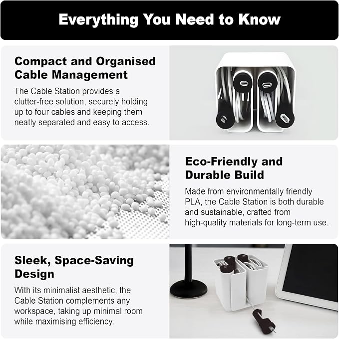 Cable Organizer with Multiple Compartments, Secure Cable Ends, Prevent Tangling, Tidy Workspace, Charging Solution, Desk Organizer Cord Management, White Plastic