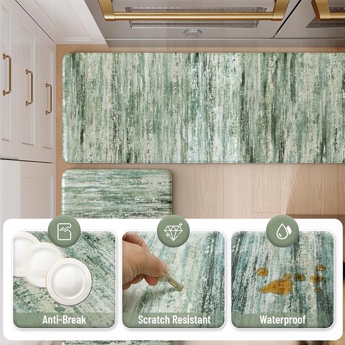 KIMODE Kitchen Mats Cushioned Anti Fatigue, Abstract Kitchen Rugs Sets of 2, Non Slip Kitchen Mats for Floor, Padded Kitchen Floor Mats for Sink Laundry Office Desk Green Multi 17"x47"+17"x29"